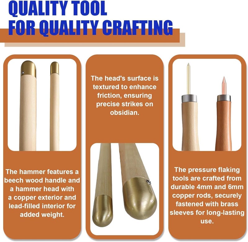 Krbnk Flint Knapping Tools Kit for Obsidian Copper Hammer Knapping Toolkit Including 2 Copper Boppers, 2 Pressure Flakers, Safety Gloves, Goggles & Talc for Beginners and Pros - Image 5